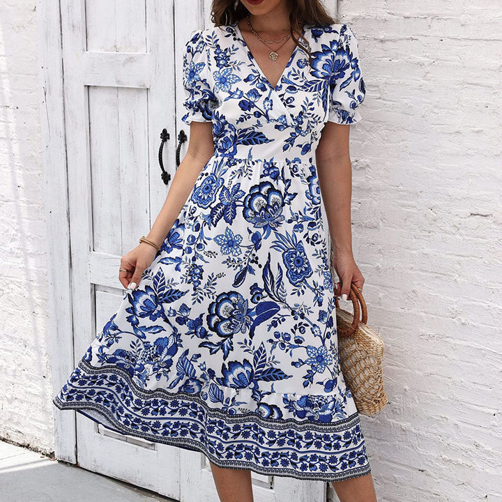 Women Floral Maxi Dress Short Puff Sleeve V Neck Bohemian Flowy Smocked Long Dress - ZEYTONCART