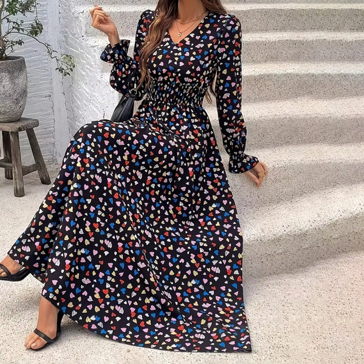 Women's V-Neck Floral Print Long Sleeve Maxi Dress - A-Line Hem With Lace Cuff Details, Elegant Bodycon Dress For Spring&Summer - ZEYTONCART