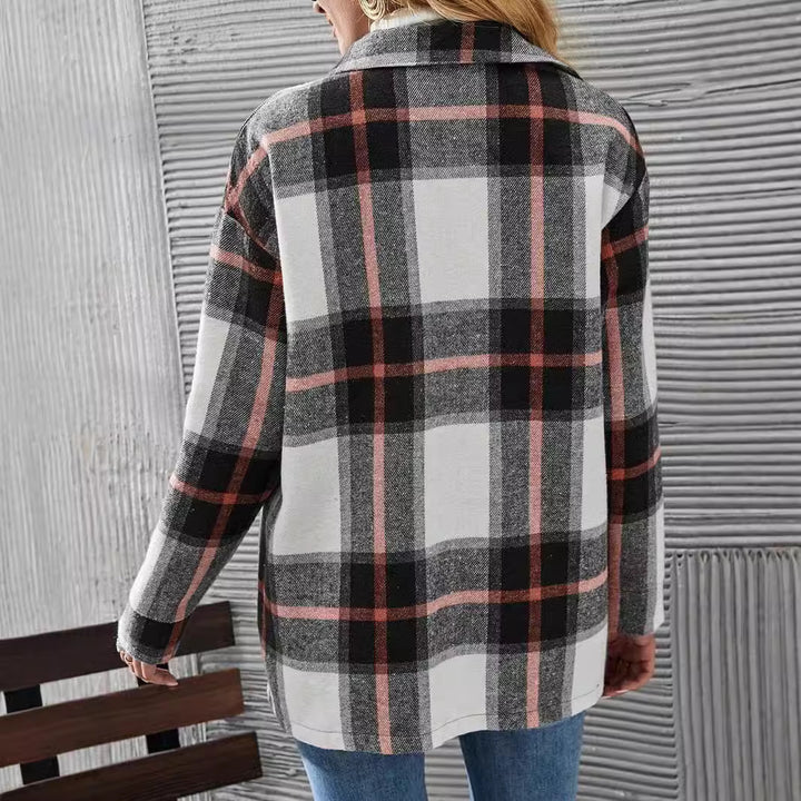 Autumn Winter Women's Wear Drop-shoulder Long-sleeve Lapel Loose Plaid Casual Shirt Coat - ZEYTONCART