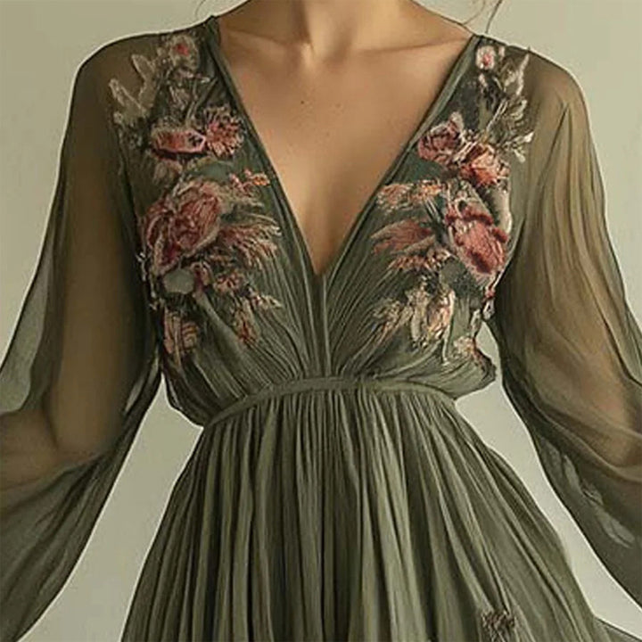 Women's Elegant V-Neck Green Floral Print A-Line Maxi Semi-Sheer Long Sleeve Spring&Summer Dress - ZEYTONCART