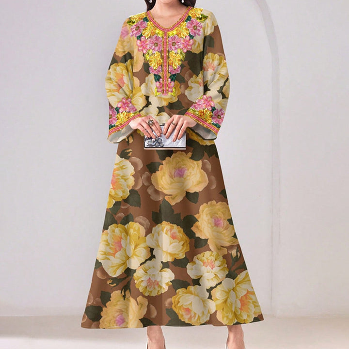 Women's Vibrant Floral Print V-Neck Long Sleeve Maxi Dress Elegant Bohemian A-Line Long Dress - ZEYTONCART