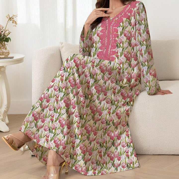 Women's Elegant Pink Floral Print Maxi Dress Vacation Style Long Sleeve A-line Flowy Dress - ZEYTONCART