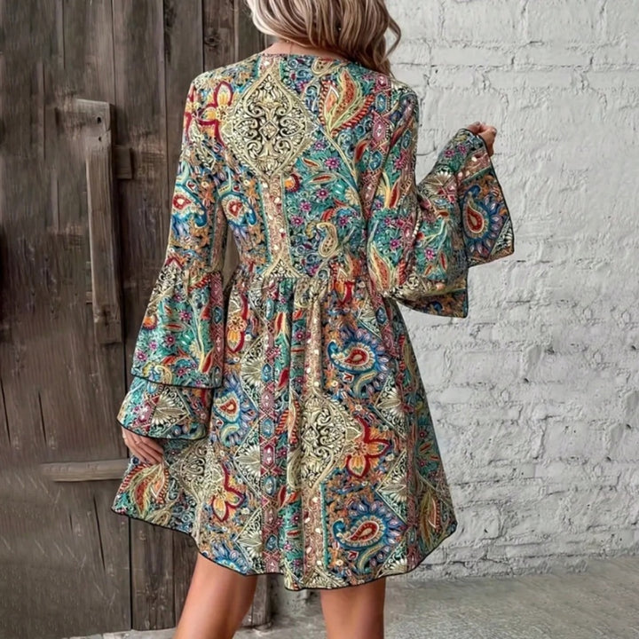 Elegant V-Neck Floral Print Dress - Layered Bell Sleeves, A-Line Waisted Party Dress For Women, Spring Summer Holiday Outfit - ZEYTONCART