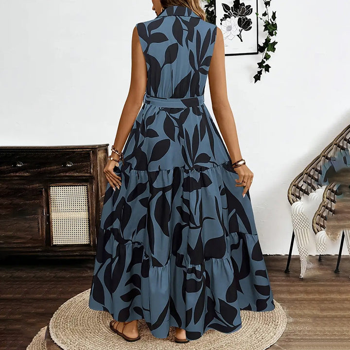 Women Sleeveless Boho Floral Maxi Dress Summer Button Shirt V Neck Flowy Belted Beach Vacation Dresses - ZEYTONCART