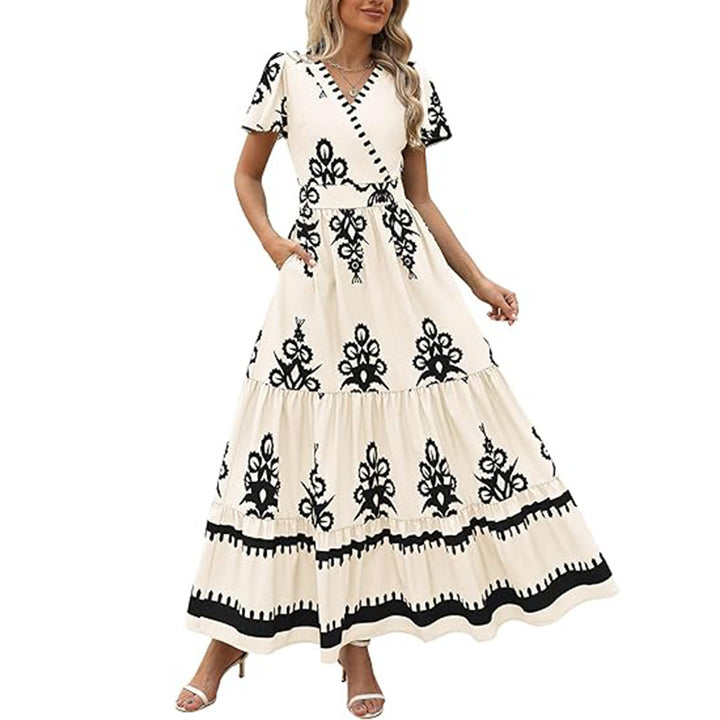 Womens Summer Casual V Neck Boho Maxi Dress Flowy Aline Bell Sleeve Tiered Floral Dresses With Pocket - ZEYTONCART