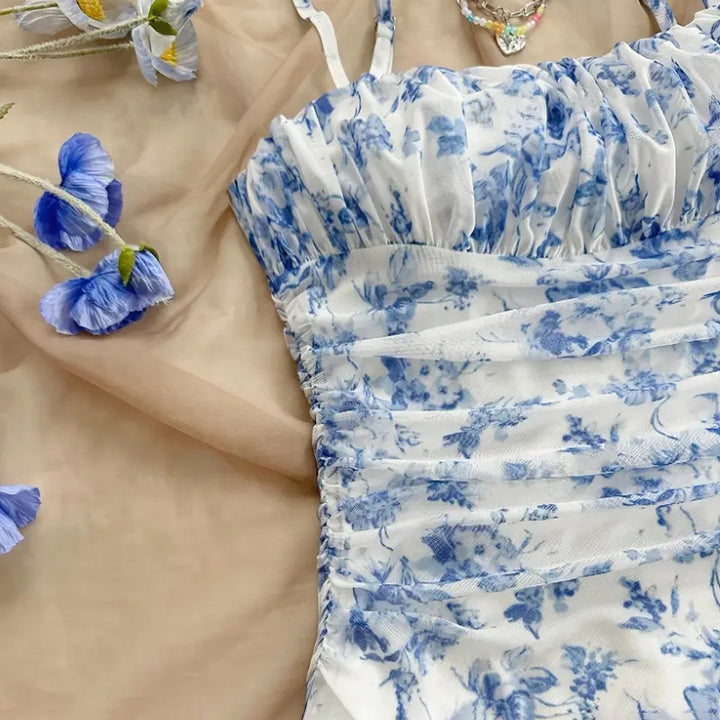 Women's Boho Floral Print Mini Dress Spaghetti Strap Ruched Ruffle Hem Vacation Sundresses - ZEYTONCART
