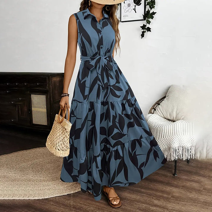 Women Sleeveless Boho Floral Maxi Dress Summer Button Shirt V Neck Flowy Belted Beach Vacation Dresses - ZEYTONCART