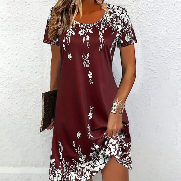 Women's Summer Boho Dress Vintage Floral Print Short Sleeve T-Shirt Sundress Beach Casual Dress - ZEYTONCART