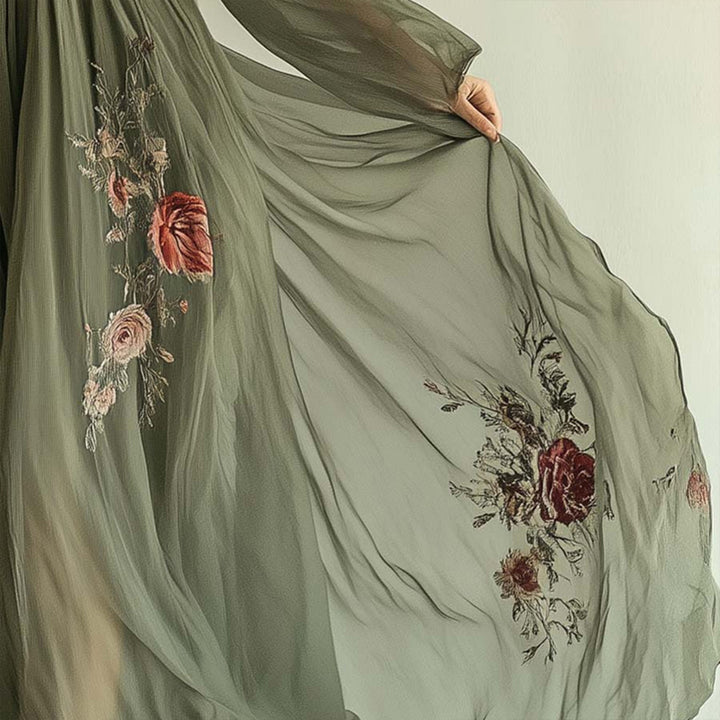 Women's Elegant V-Neck Green Floral Print A-Line Maxi Semi-Sheer Long Sleeve Spring&Summer Dress - ZEYTONCART