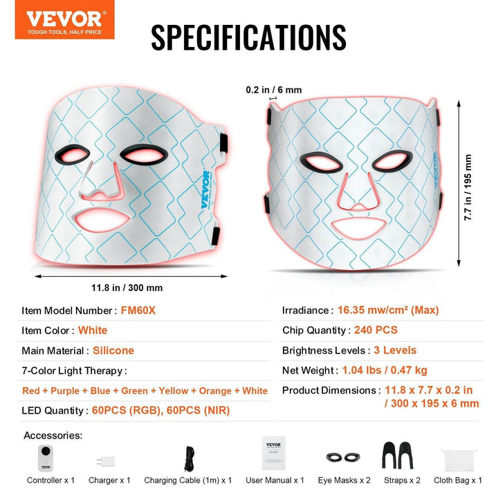 VEVOR Red Light Therapy Mask 7-Color LED Face Mask Light Therapy With 850nm NIR - ZEYTONCART