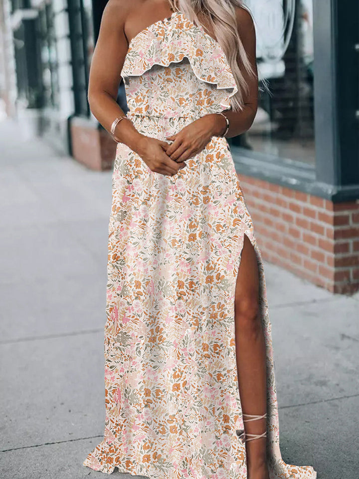 Summer Halter Dress Women Ruffled Floral Floral Print Slit Skirt - ZEYTONCART