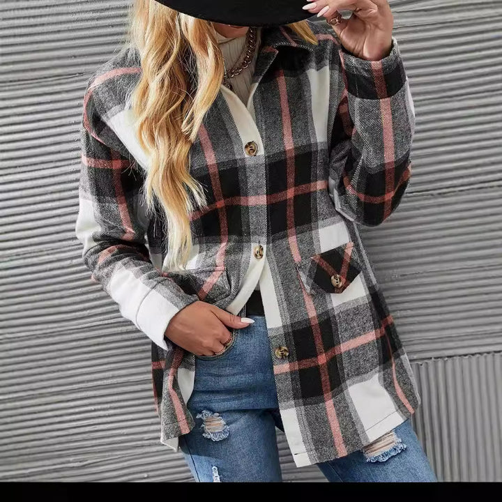 Autumn Winter Women's Wear Drop-shoulder Long-sleeve Lapel Loose Plaid Casual Shirt Coat - ZEYTONCART