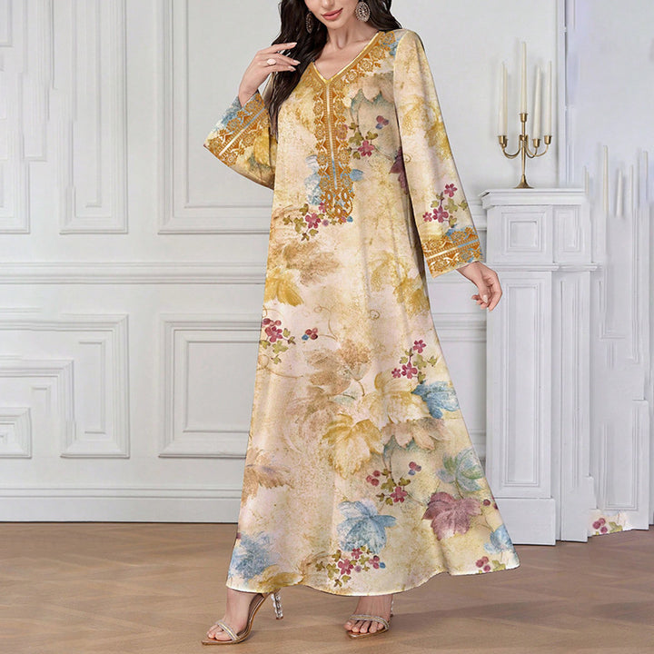 Women's Chic Bohemian Floral V-Neck Maxi Dress, Elegant Golden Long Sleeve Loose Fit Casual Dress - ZEYTONCART