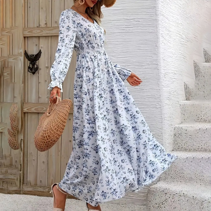Women's V-Neck Floral Print Long Sleeve Maxi Dress - A-Line Hem With Lace Cuff Details, Elegant Bodycon Dress For Spring&Summer - ZEYTONCART